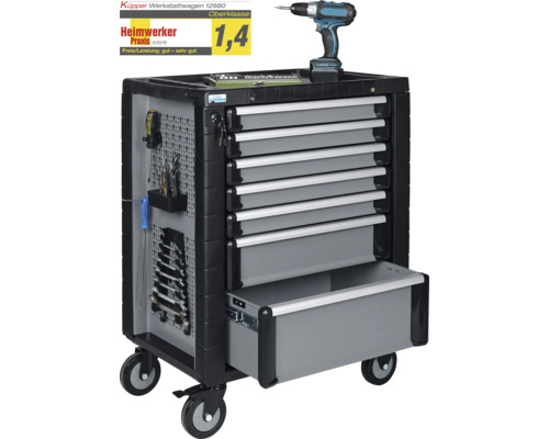 Werkstattwagen mit sieben Schubladen und Lochwand inklusive Werkzeug und Akkubohrer.