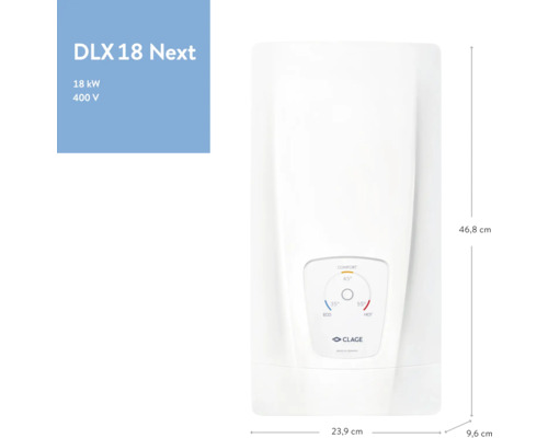 Elektronischer Durchlauferhitzer mit den Maßen 46,8 x 23,9 x 9,6 cm