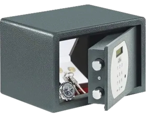 Geöffneter Möbeltresor mit elektronischem Schloss, Uhr und Schlüsseln