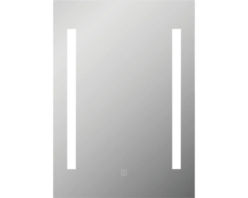 Miroir rectangulaire avec bandes lumineuses verticales et capteur tactile