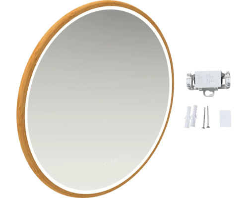 Miroir ovale avec cadre en bois et éclairage LED, matériel de fixation inclus