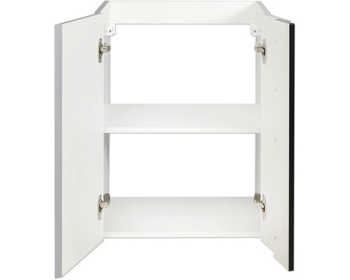 Armoire de salle de bain blanche ouverte avec deux étagères