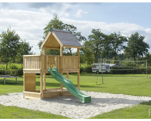 Cabane de jeu sur pilotis P3 pin Douglas HY-Land 410 x 300 cm bois aus toboggan, bac à sable, mur d'escalade Tour de jeu avec toboggan sur une aire de jeux avec bac à sable et équipements de jeux