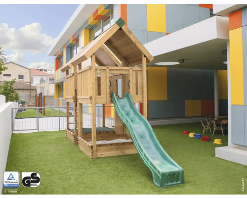 Cabane de jeu sur pilotis P4 pin Douglas HY-Land 680 x 190 cm bois toboggan, filet d'escalade, mur d'escalade, bac à sable, bâche Aire de jeux avec tour en bois et toboggan sur pelouse