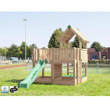 Tour de jeux en bois avec toboggan et bac à sable, avec le certificat TÜV Rheinland et le label GS Geprüfte Sicherheit