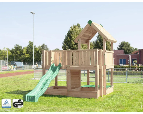 Cabane de jeu sur pilotis P5 pin Douglas HY-Land 540 x 320 cm bois filet d'escalade, toboggan, bac à sable, mur d'escalade, bâche, couverture de toit, pierres d'escalade, tour Tour de jeux en bois avec toboggan et bac à sable, avec le certificat TÜV Rheinland et le label GS Geprüfte Sicherheit
