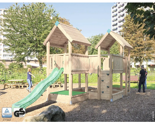 Cabane de jeu sur pilotis P6 pin Douglas HY-Land 680 x 330 cm bois tour, bac à sable, bâche, toboggan, couverture de toit, pierres d'escalade Aire de jeux avec toboggan, bac à sable et mur d''escalade pour enfants