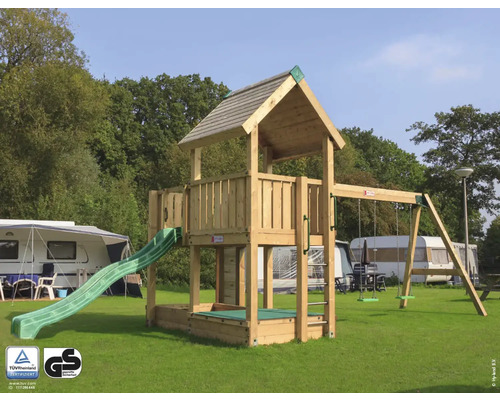 Cabane de jeu sur pilotis P3S pin Douglas HY-Land 860 x 300 cm bois tour, toboggan, bac à sable, bâche, 2 balançoires, couverture de toit Tour de jeux avec toboggan et balançoire pour l''extérieur