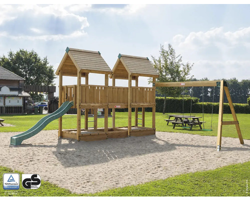 Cabane de jeu sur pilotis P4S pin Douglas HY-Land 770 x 640 cm bois tour, toboggan, 2 balançoires, bac à sable Aire de jeux avec balançoire et toboggan pour l''extérieur