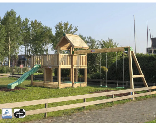 Cabane de jeu sur pilotis P5S pin Douglas HY-Land 540 x 770 cm bois tour, toboggan, bac à sable Aire de jeux en bois avec balançoire et toboggan dans le jardin