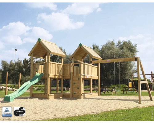 Cabane de jeu sur pilotis P6S pin Douglas HY-Land 680 x 780 cm bois tour, mur d'escalade, pierres d'escalade, bac à sable, 2 balançoires, bâche Aire de jeux avec deux tours, toboggan, mur d''escalade et balançoire