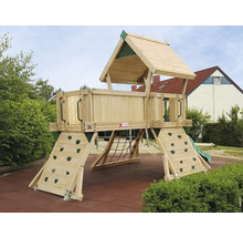 Aire de jeux avec mur d''escalade, toboggan et rampe en filet