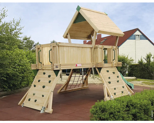 Cabane de jeu sur pilotis Q3 pin Douglas HY-Land 650 x 310 cm bois tour, toboggan, pierres d'escalade, mur d'escalade, filet d'escalade, couverture de toit Aire de jeux avec mur d''escalade, toboggan et rampe en filet