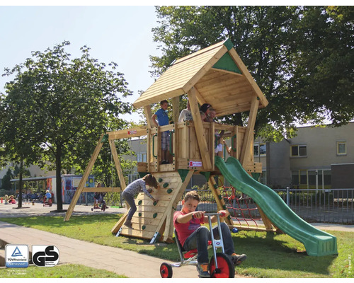 Cabane de jeu sur pilotis Q2S pin Douglas HY-Land 880 x 310 cm bois tour, toboggan, 2 balançoires, balançoire, mur d'escalade, filet d'escalade, pierres d'escalade Aire de jeux avec mur d''escalade, toboggan et cabane en bois