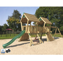 Aire de jeux avec toboggan, mur d''escalade, balançoire et filet d''escalade en bois