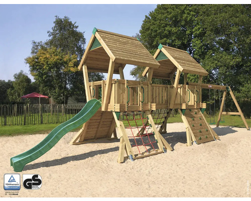 Cabane de jeu sur pilotis Q4S pin Douglas HY-Land 1200 x 310 cm bois tour, toboggan, balançoire, mur d'escalade, filet d'escalade, couverture de toit, pierres d'escalade, 2 balançoires Aire de jeux avec toboggan, mur d''escalade, balançoire et filet d''escalade en bois