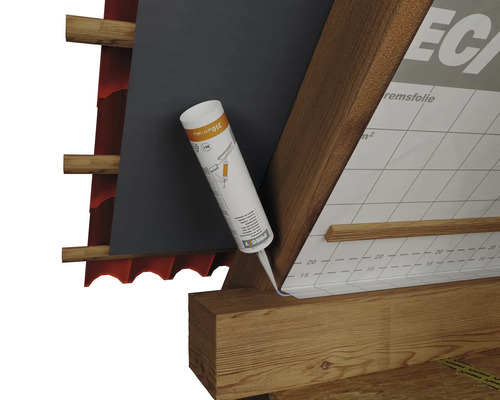 Représentation de la structure du toit avec une cartouche de mastic pour l''étanchéité de la membrane de toit.