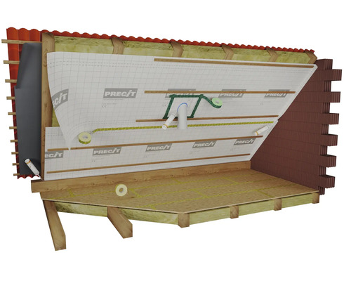Dachkonstruktion mit Dämmung, Dampfbremsfolie und Installationsebene
