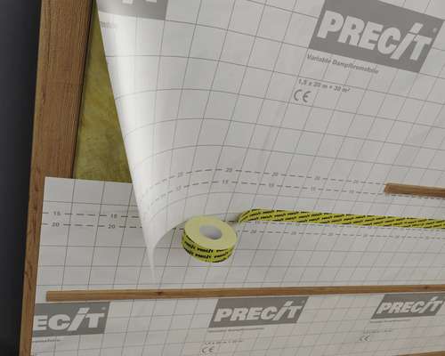 Variable Dampfbremsfolie von Precit mit Klebeband zur Befestigung