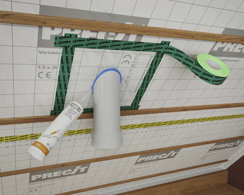 Scène avec film pare-vapeur, mastic et ruban adhésif pour travaux de construction en intérieur