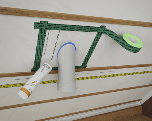 Installation einer Dampfbremsfolie mit Dichtklebstoff und Dichtband