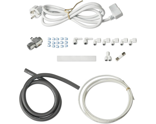 Kit d''accessoires avec câble d''alimentation, raccords, tuyaux, fusible et matériel de fixation