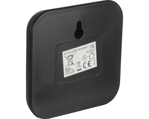 Dos d''une station météorologique avec des informations sur la batterie, la puissance et le fabricant