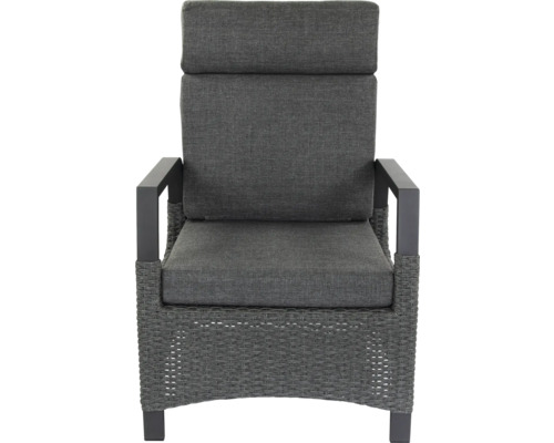 Fauteuil de jardin avec coussins gris et aspect rotin