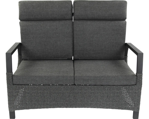 Canapé de jardin deux places en polyrotin avec coussins