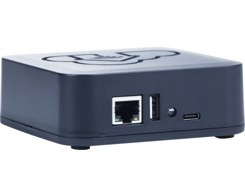 Passerelle domotique noire avec ports Ethernet, USB et USB-C