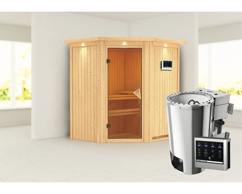 Sauna Plug & Play Karibu Achat III avec poêle bio 3,6 kW et commande ext., avec couronne et porte entièrement vitrée coloris bronze