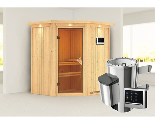 Sauna Plug & Play Karibu Achat III avec poêle 3,6 kW et commande ext., avec couronne et porte entièrement vitrée coloris bronze