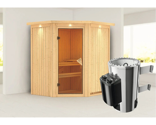 Sauna Plug & Play Karibu Achat III avec poêle 3,6 kW et commande intégrée, avec couronne et porte entièrement vitrée coloris bronze