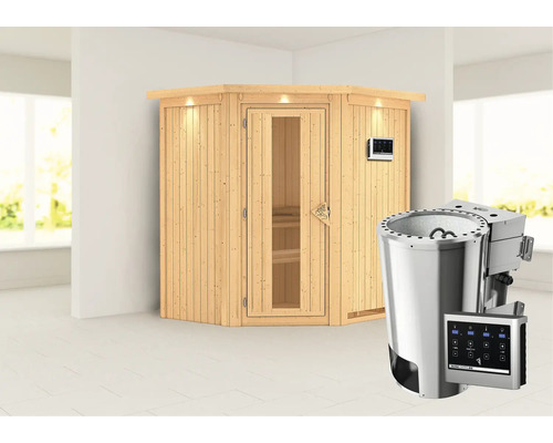 Sauna Plug & Play Karibu Achat III avec poêle Bio 3,6 kW et commande externe, avec couronne et porte bois en verre isolé thermiquement