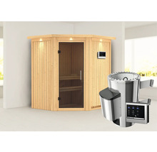 Sauna en bois avec porte en verre et poêle de sauna avec commande