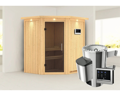 Sauna Plug & Play Karibu Achat III avec poêle 3,6 kW et commande externe, avec couronne et porte entièrement vitrée coloris graphite