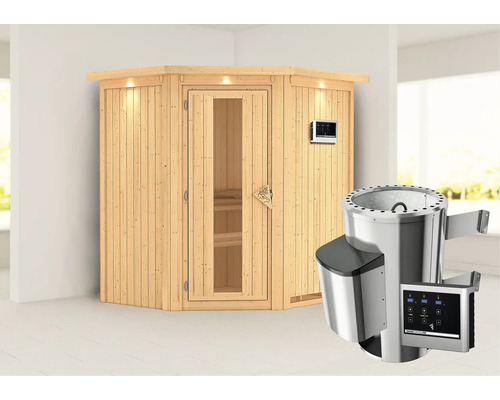 Sauna Plug & Play Karibu Achat III avec poêle 3,6 kW et commande externe, avec couronne et porte en bois avec verre à isolation thermique