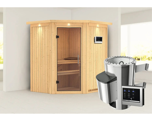 Sauna Plug & Play Karibu Achat III avec poêle 3,6 kW et commande externe, avec couronne et porte entièrement vitrée transparente