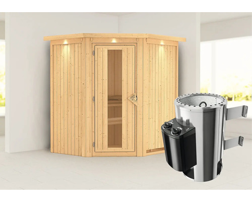 Sauna Plug & Play Karibu Achat III avec poêle 3,6 kW et commande intégrée, avec couronne et porte bois en verre isolé thermiquement