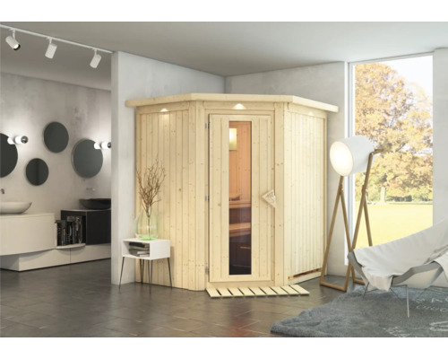 Sauna Plug & Play Karibu Achat III sans poêle, avec couronne et porte bois en verre isolé thermiquement