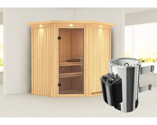 Sauna Plug & Play Karibu Achat III avec poêle 3,6 kW et commande intégrée avec couronne et porte entièrement vitrée transparente