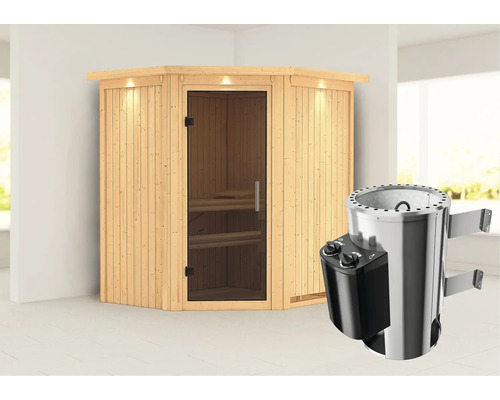 Sauna Plug & Play Karibu Achat III avec poêle 3,6 kW et commande intégrée avec couronne et porte entièrement vitrée coloris graphite