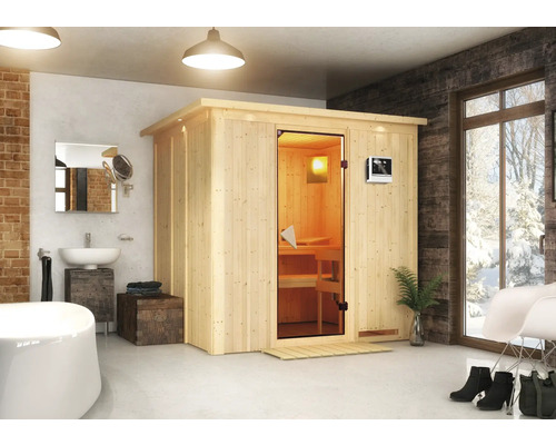 Sauna Plug & Play Karibu Achat VIII avec poêle 3,6 kW et commande ext., avec couronne et porte entièrement vitrée coloris bronze