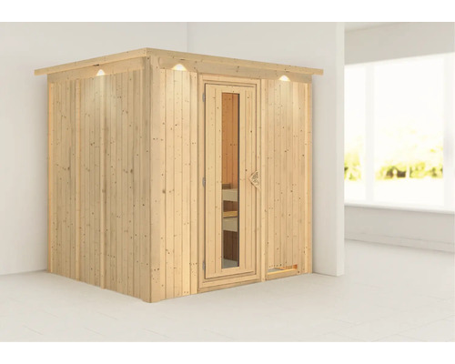 Sauna Plug & Play Karibu Achat VIII sans poêle avec couronne et porte en bois avec verre isolant isolé thermiquement