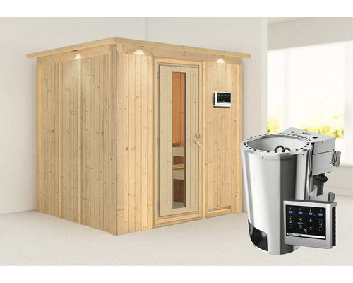 Sauna Plug & Play Karibu Achat VIII avec poêle bio 3,6 kW et commande externe, avec couronne et porte en bois avec verre isolant thermiquement