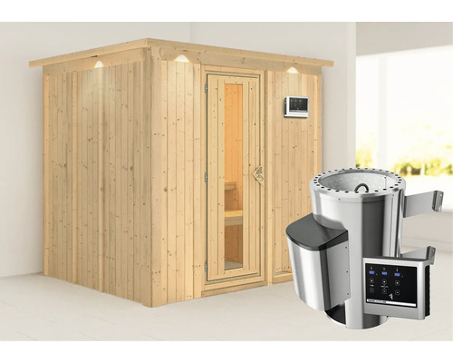 Sauna Plug & Play Karibu Achat VIII avec poêle 3,6 kW et commande externe, avec couronne et porte en bois avec verre à isolation thermique