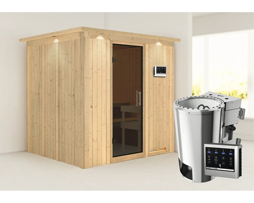 Sauna Plug & Play Karibu Achat VIII avec poêle 3,6 kW et commande externe, avec couronne et porte entièrement vitrée coloris graphite