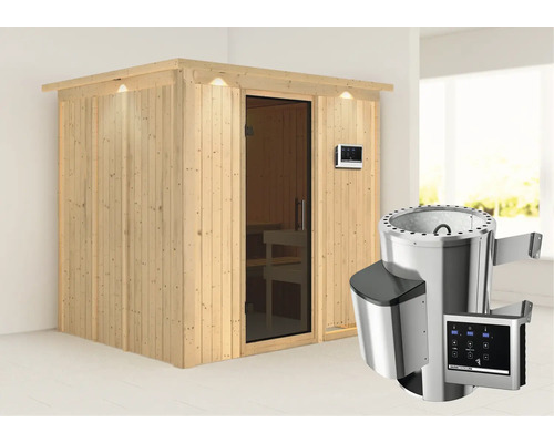 Sauna Plug & Play Karibu Achat VIII avec poêle 3,6 kW et commande externe, avec couronne et porte entièrement vitrée coloris graphite