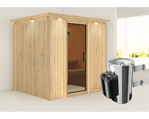 Sauna Plug & Play Karibu Achat VIII avec poêle 3,6 kW et commande intégrée, avec couronne et porte entièrement vitrée coloris graphite