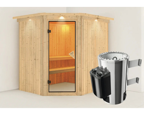 Sauna Plug & Play Karibu Achat VII avec poêle 3,6 kW et commande intégrée, avec couronne et porte entièrement vitrée coloris bronze